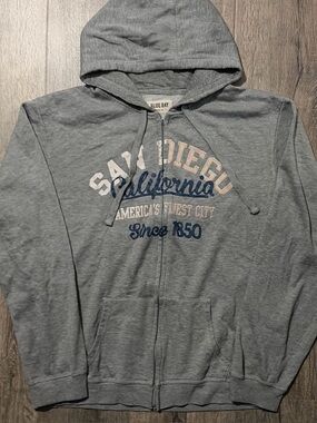 Vintage Blue Bay San Diego California Zip Up Hoodie Gray